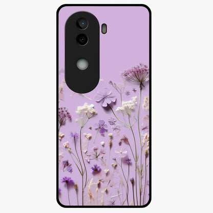 Lavender Blossom Dream Glass Case showing flat back view with soft lavender floral artwork and glossy glass finish.