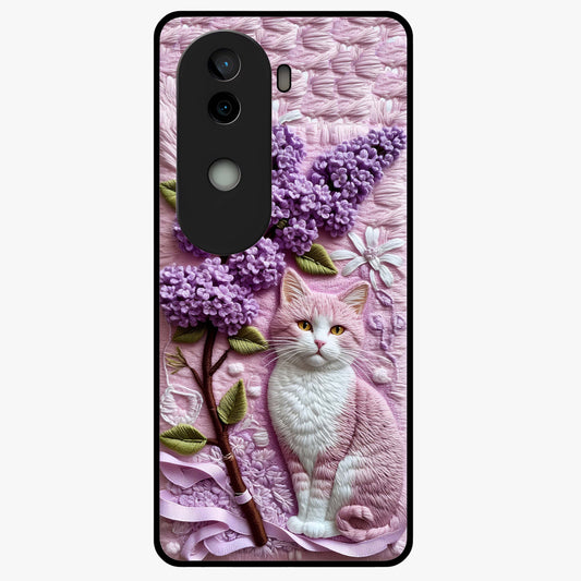 Lavender Cat Whimsy Glass Case showing flat back view with cute lavender cat artwork and glossy glass finish.