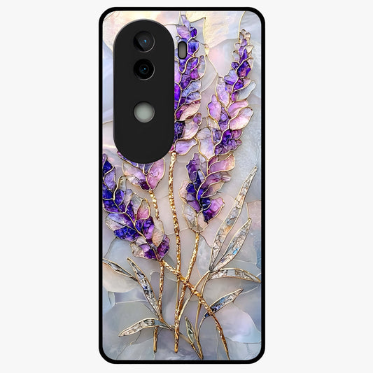 Lavender Dream Glow Glass Case showing flat back view with glowing lavender aesthetic artwork and glossy glass finish.