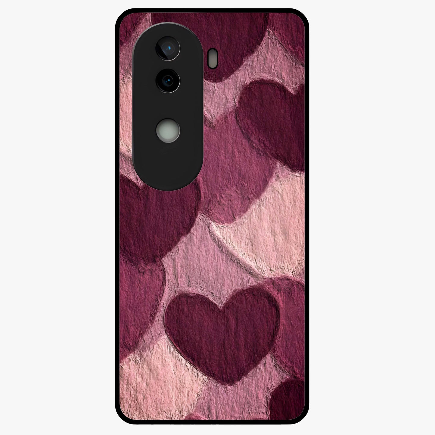 Layered Paper Hearts Glass Case showing flat back view with layered paper heart artwork and glossy glass finish.