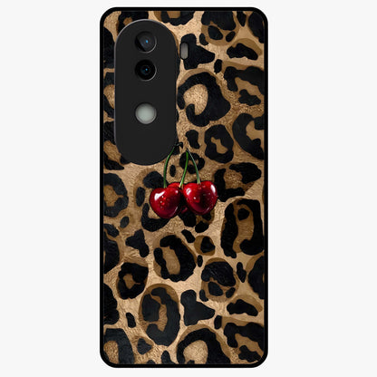 Leopard Wild Cherry Glass Case showing flat back view with leopard pattern and cherry artwork and glossy glass finish.