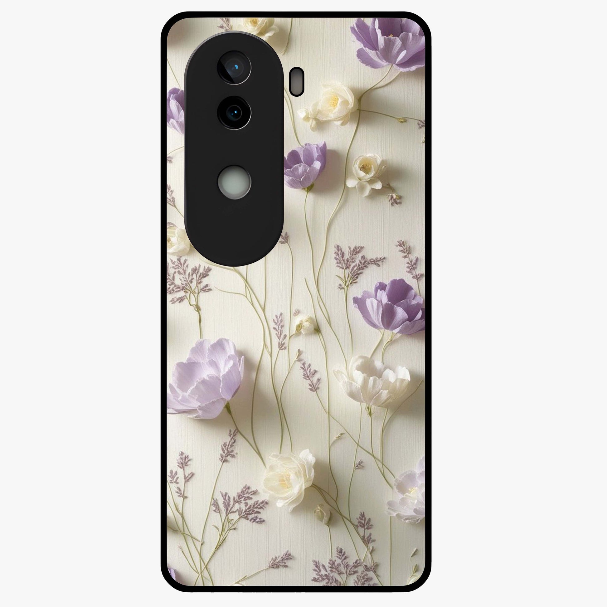 Lilac Breeze Harmony Glass Case showing flat back view with soft lilac themed artwork and glossy glass finish.