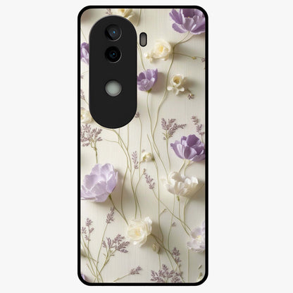 Lilac Breeze Harmony Glass Case showing flat back view with soft lilac themed artwork and glossy glass finish.