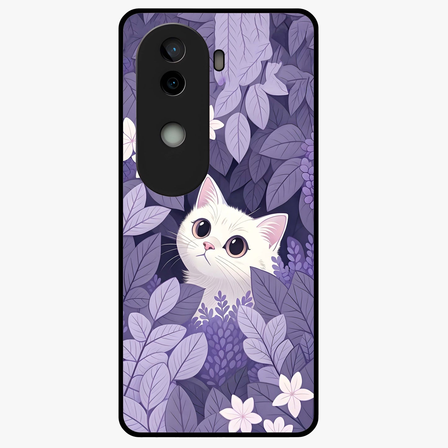 Lilac Hide Peek Cat Glass Case showing flat back view with cute peeking cat artwork and glossy glass finish.