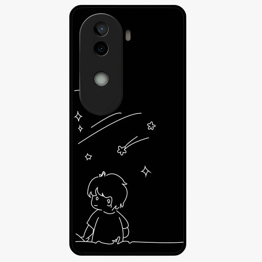 Line Art Boy With Shooting Stars Glass Case showing flat back view with minimal line art boy and shooting stars illustration and glossy glass finish.