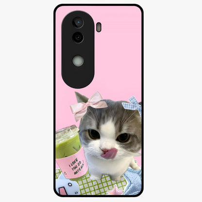 Love Matcha Cat Glass Case showing flat back view with cute cat and matcha themed artwork and glossy glass finish.