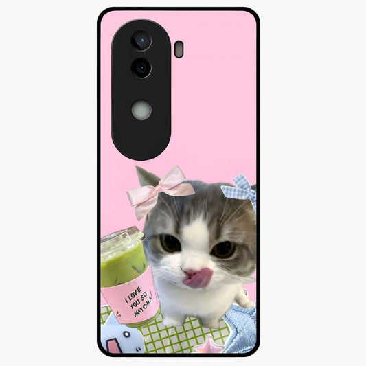 Love Matcha Cat Glass Case showing flat back view with cute cat and matcha themed artwork and glossy glass finish.