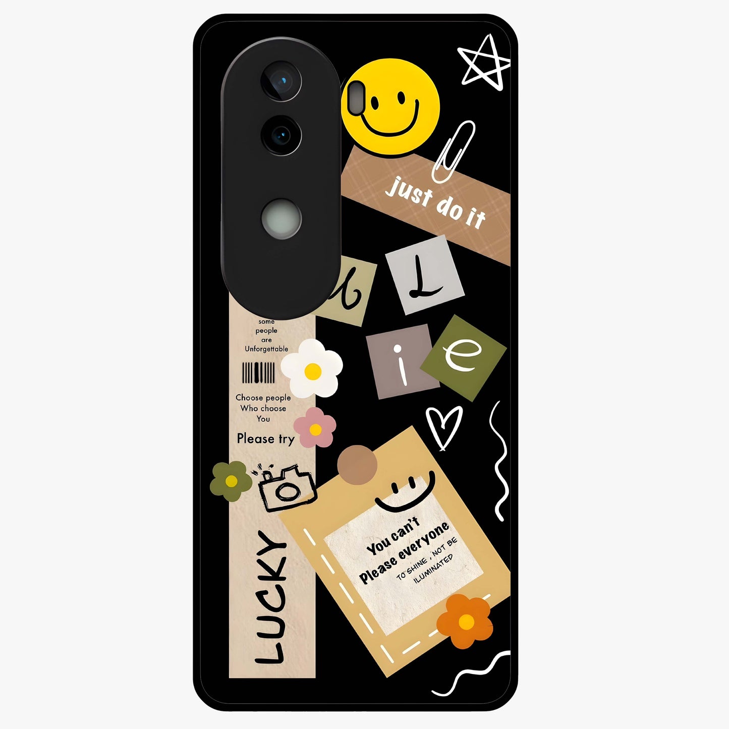 Lucky Aesthetic Collage Glass Case showing flat back view with trendy aesthetic collage artwork and glossy glass finish.