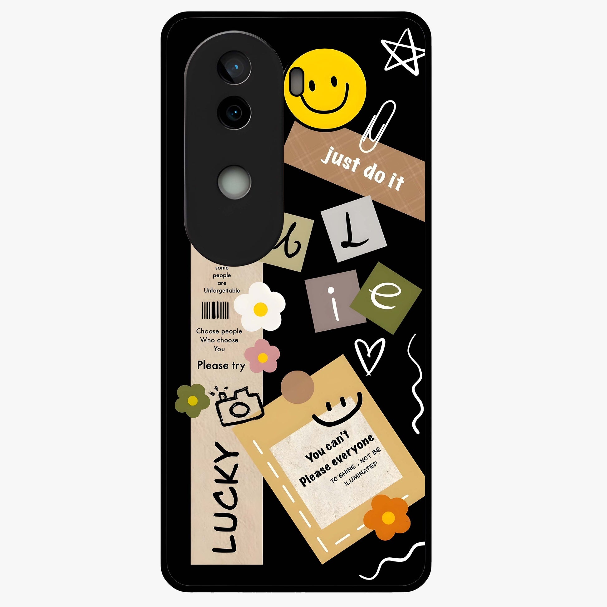 Lucky Aesthetic Collage Glass Case showing flat back view with trendy aesthetic collage artwork and glossy glass finish.