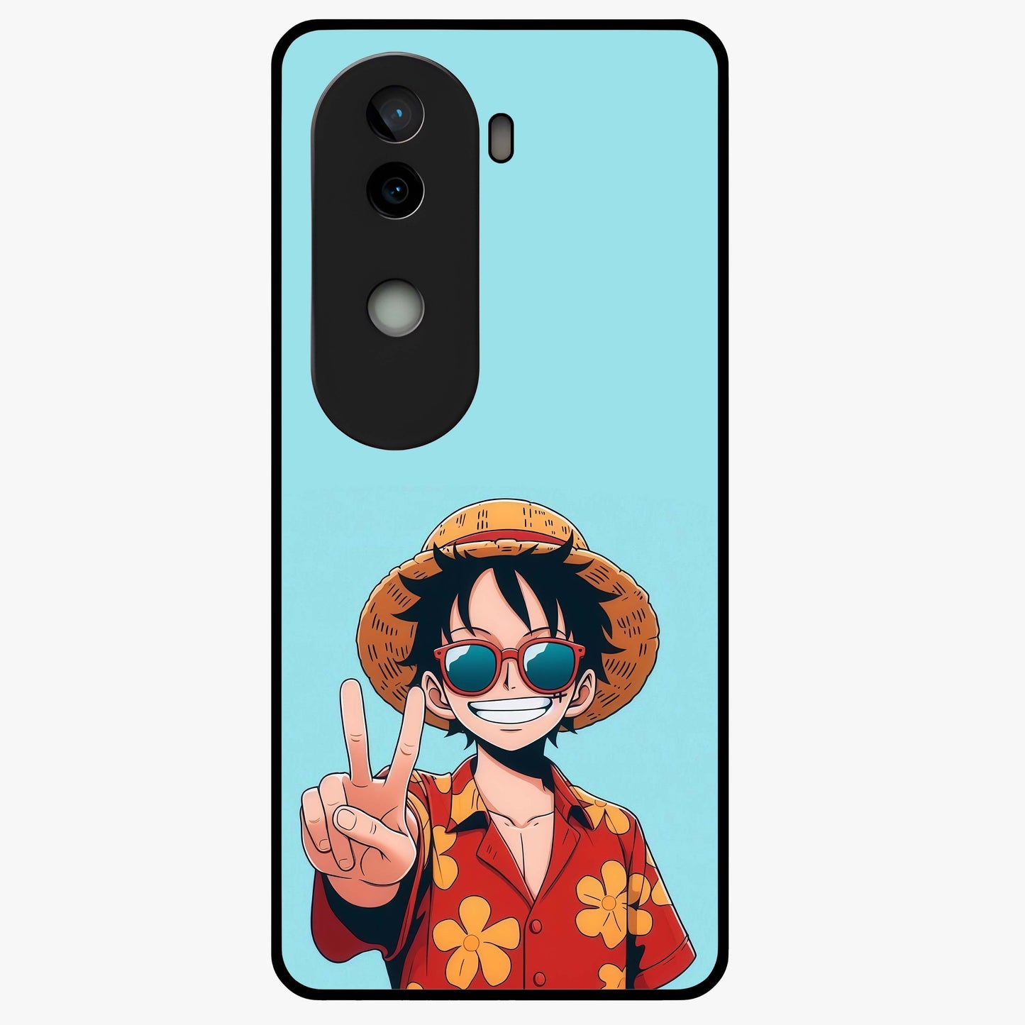 Luffy Summer Anime Vibe Glass Case showing flat back view with vibrant anime character artwork and glossy glass finish.