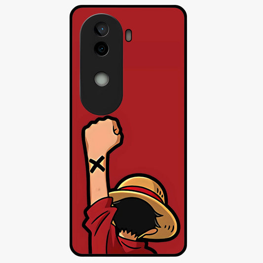 Luffy X Spirit Glass Case showing flat back view with bold anime character artwork and glossy glass finish.