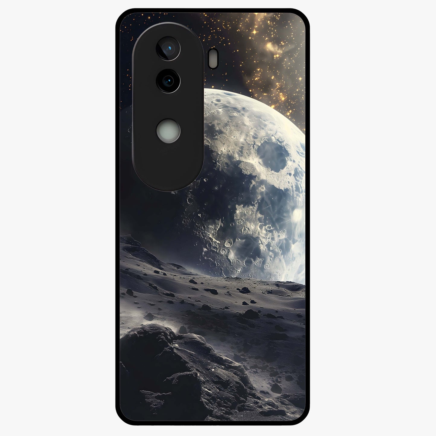Lunar Horizon Glow Glass Case showing flat back view with glowing moon horizon artwork and glossy glass finish.