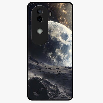 Lunar Horizon Glow Glass Case showing flat back view with glowing moon horizon artwork and glossy glass finish.
