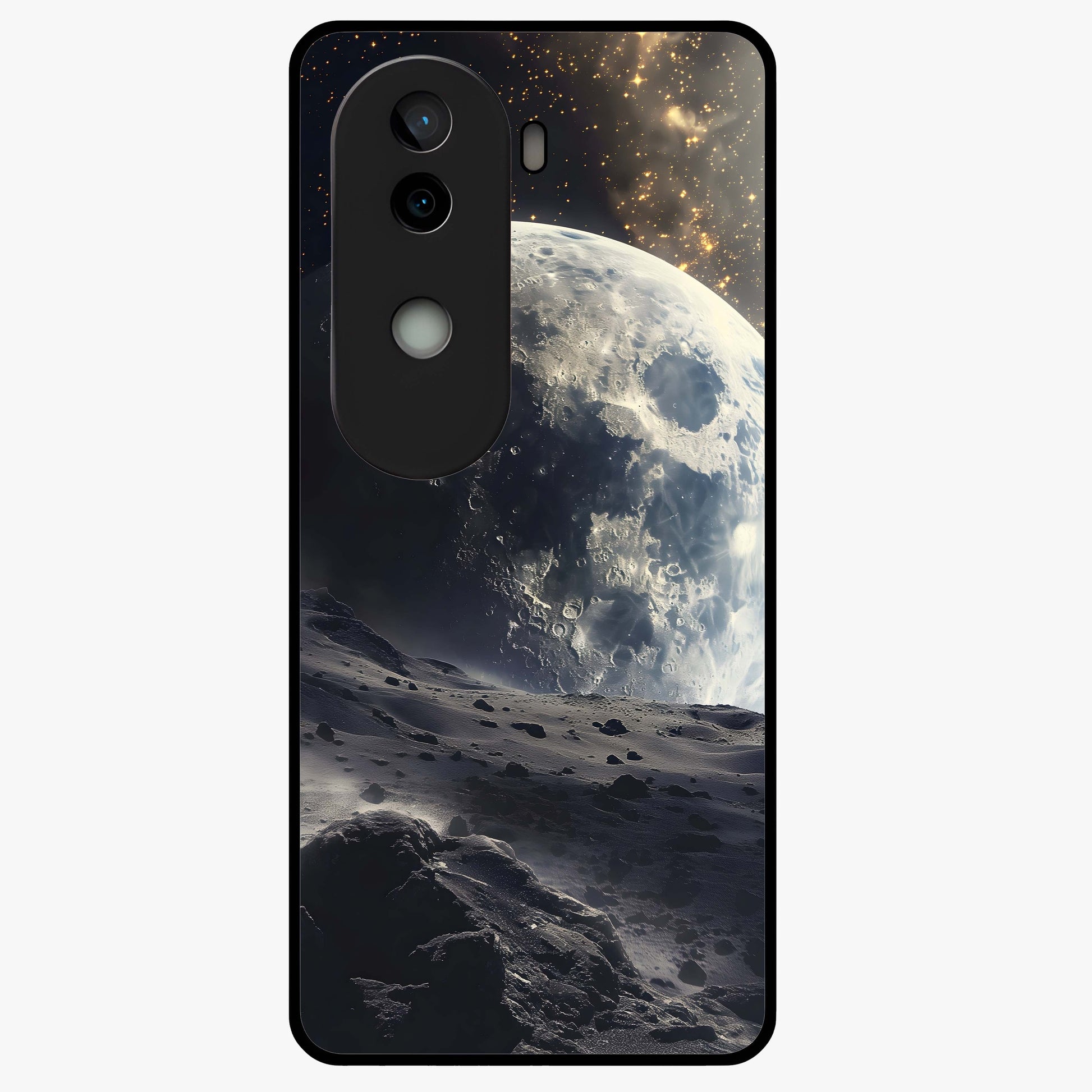 Lunar Horizon Glow Glass Case showing flat back view with glowing moon horizon artwork and glossy glass finish.
