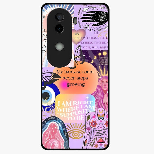 Manifestation Collage Glass Case showing flat back view with motivational collage artwork and glossy glass finish.