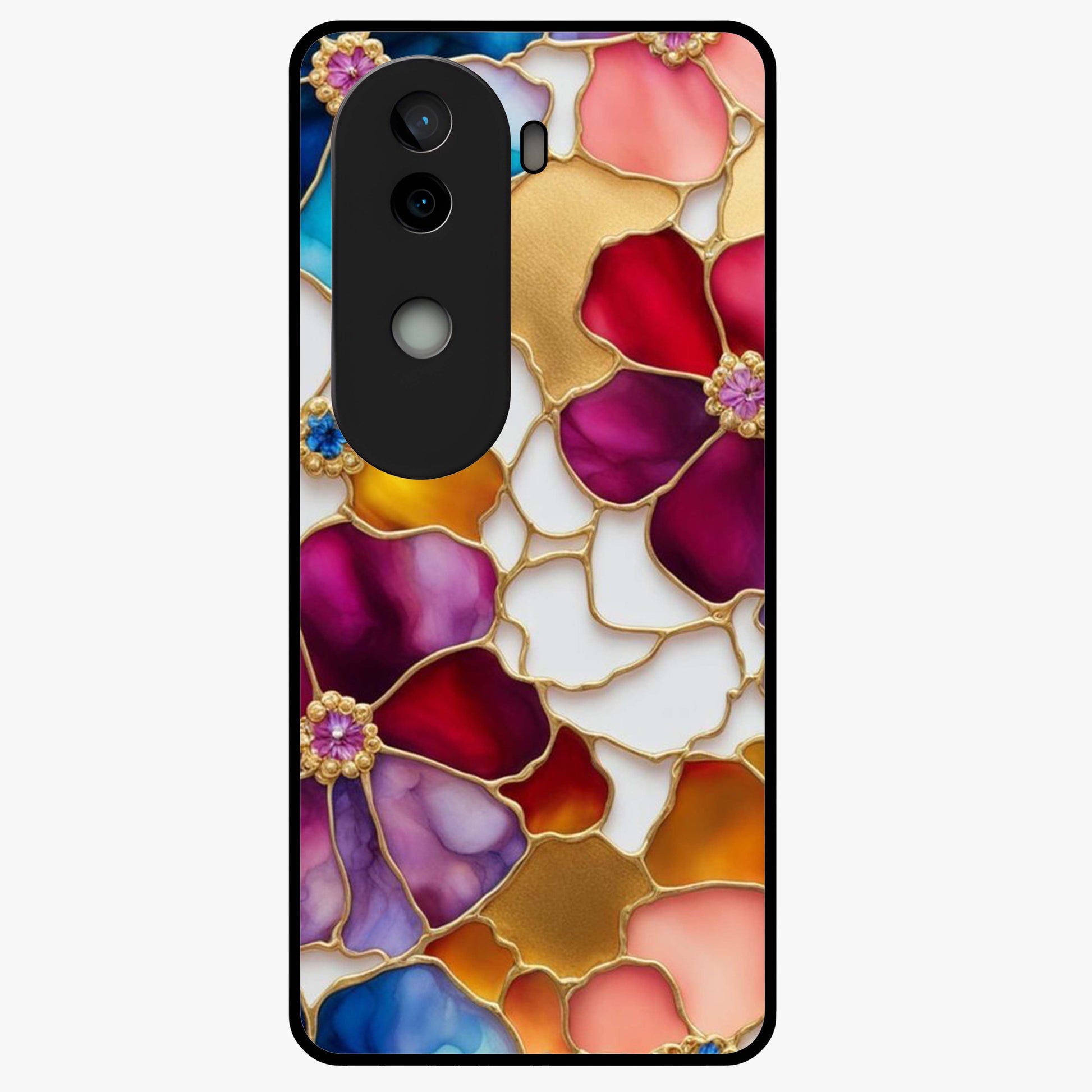 Marble Flower Pattern Glass Case showing flat back view with marble texture floral artwork and glossy glass finish.