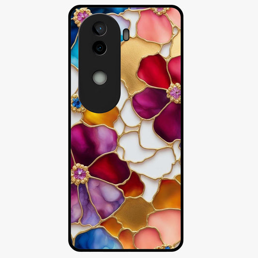 Marble Flower Pattern Glass Case showing flat back view with marble texture floral artwork and glossy glass finish.