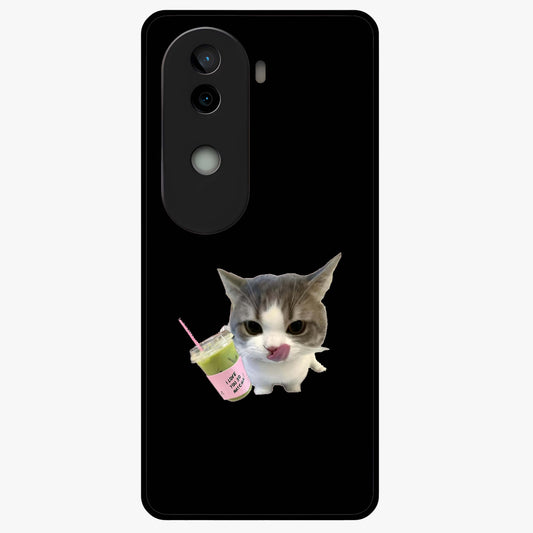 Matcha Cat Style Glass Case showing flat back view with cute matcha themed cat artwork and glossy glass finish.