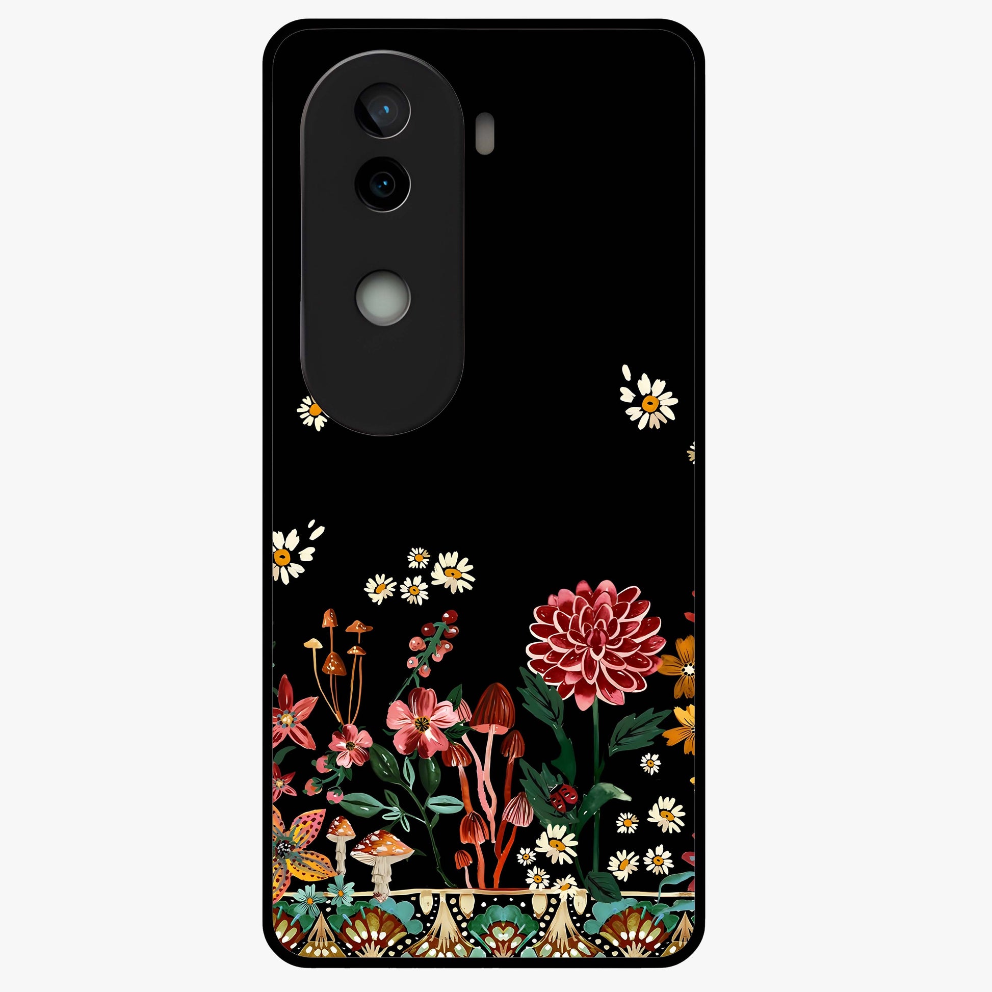 Midnight Bloom Pattern Glass Case showing flat back view with dark floral pattern artwork and glossy glass finish.