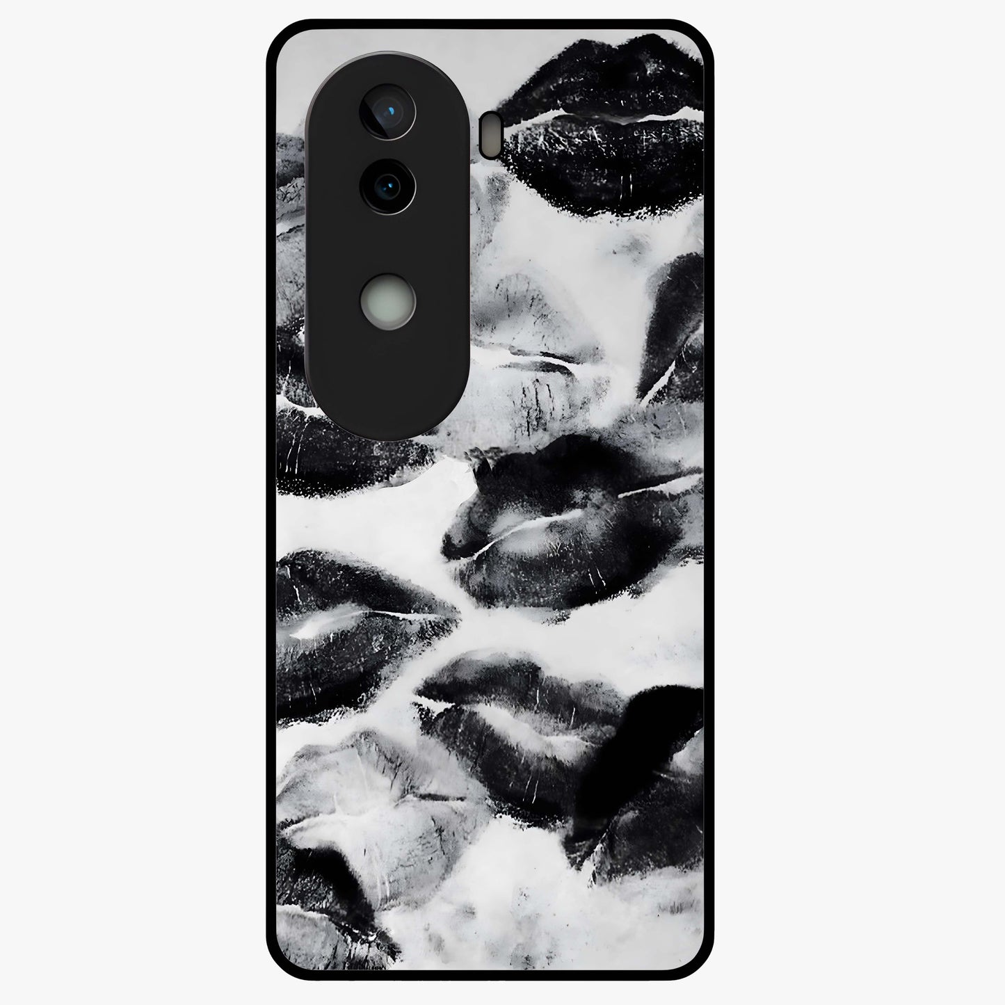 Midnight Kiss Marks Glass Case showing flat back view with lipstick kiss mark artwork and glossy glass finish.