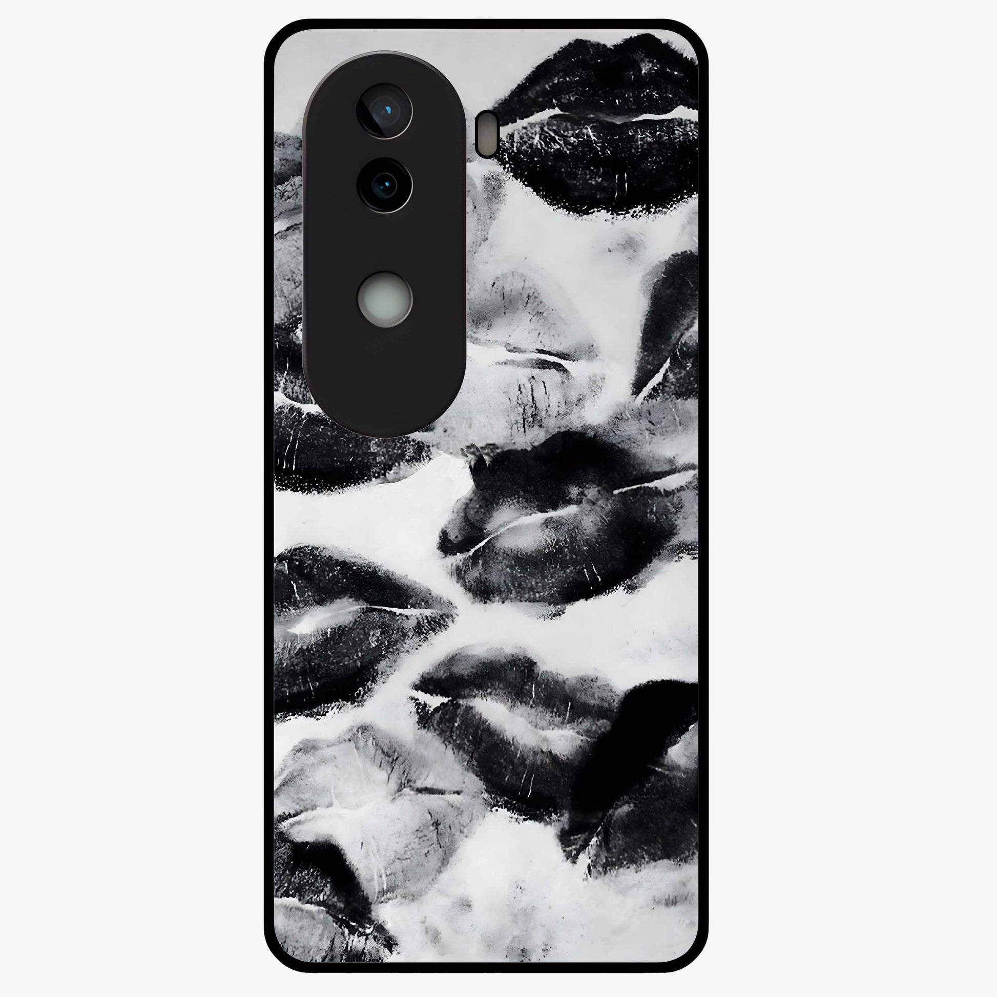 Midnight Kiss Marks Glass Case showing flat back view with lipstick kiss mark artwork and glossy glass finish.