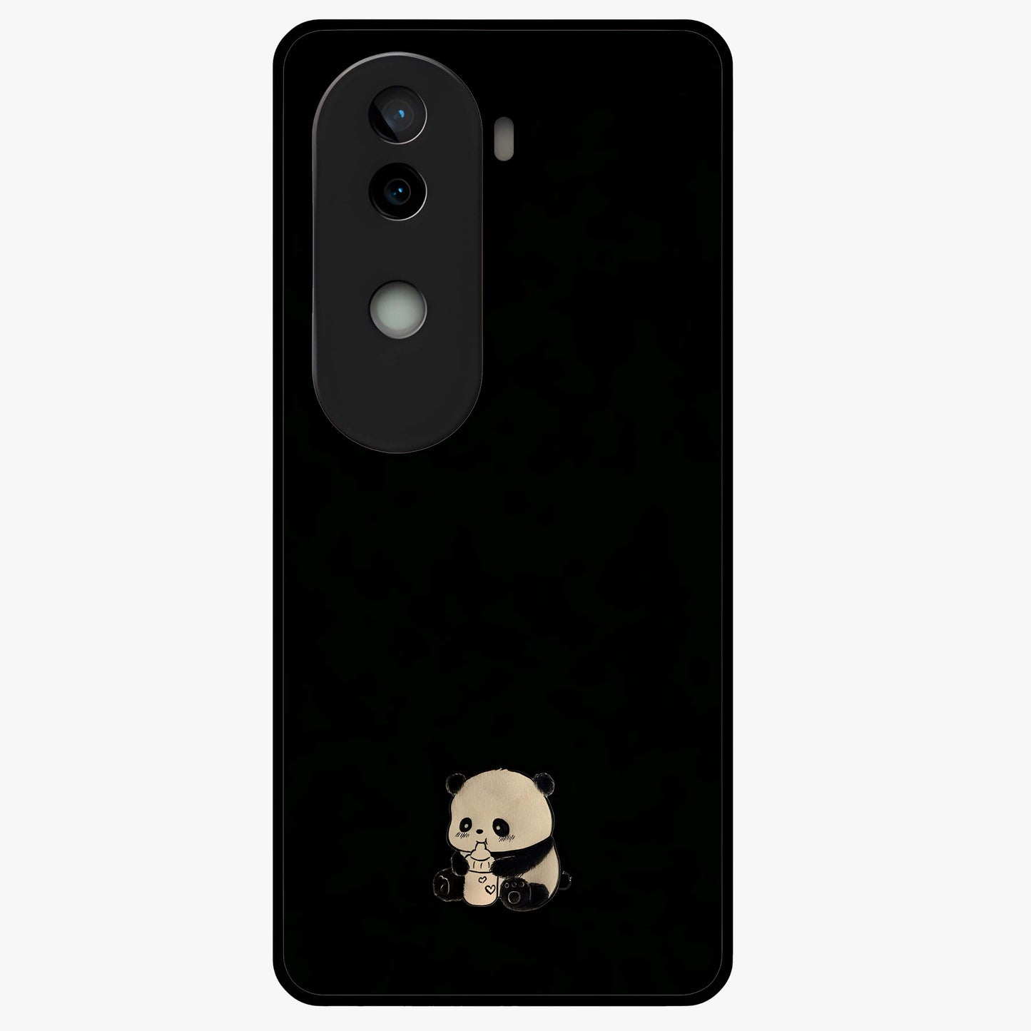Midnight Panda Love Glass Case showing flat back view with cute panda themed artwork and glossy glass finish.