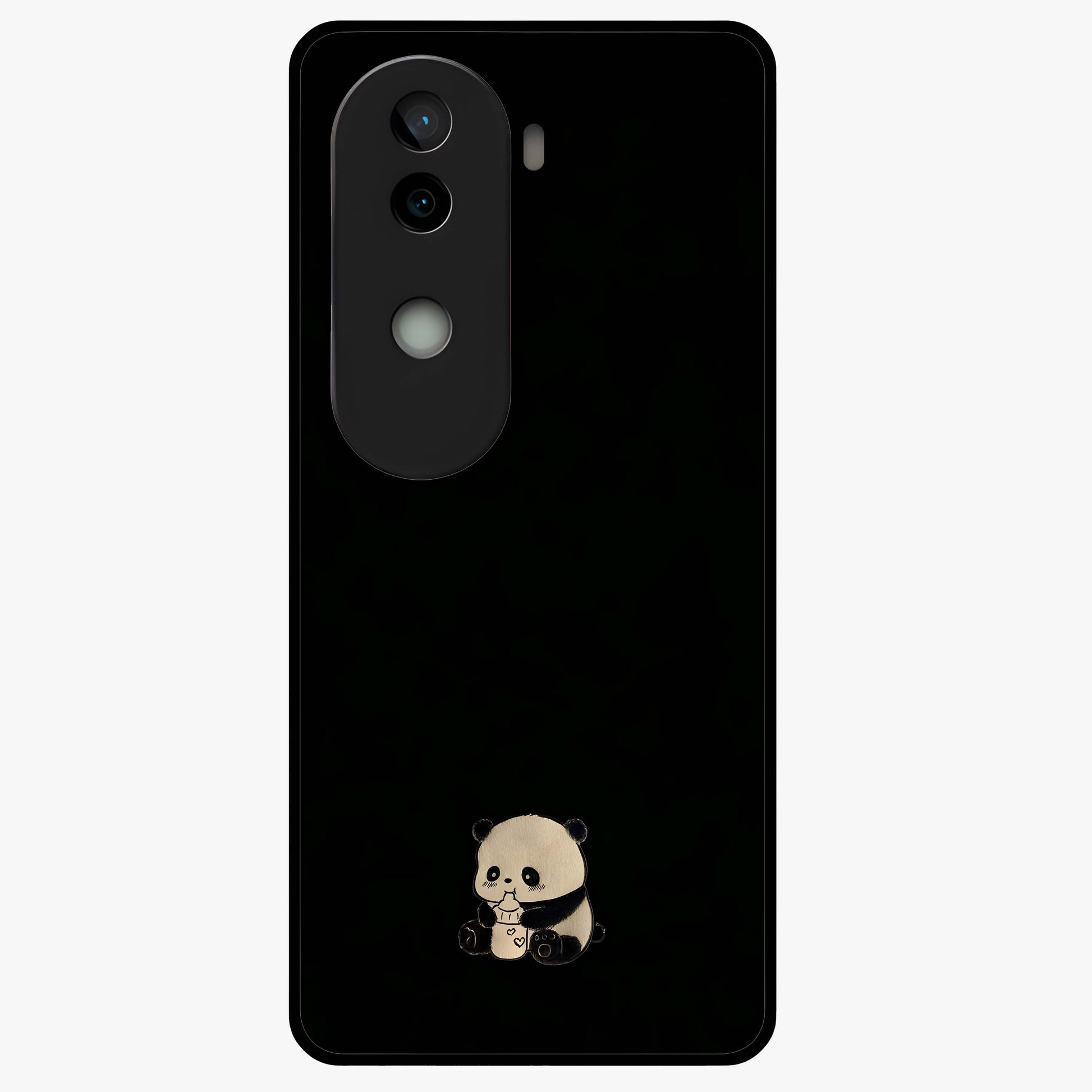 Midnight Panda Love Glass Case showing flat back view with cute panda themed artwork and glossy glass finish.