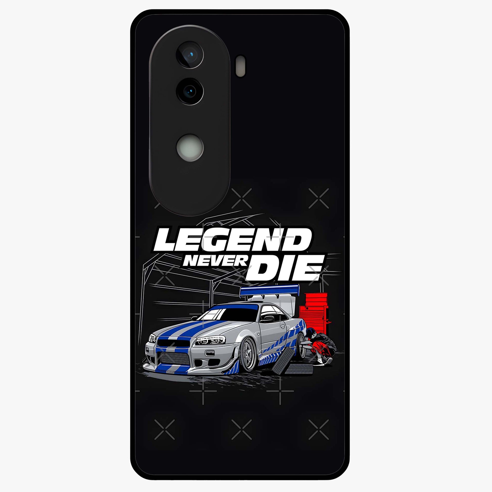 Midnight Racing Legacy Glass Case showing flat back view with sleek racing inspired artwork and glossy glass finish.