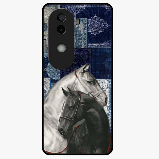 Midnight Stallion Blues Glass Case showing flat back view with majestic horse artwork and glossy glass finish.