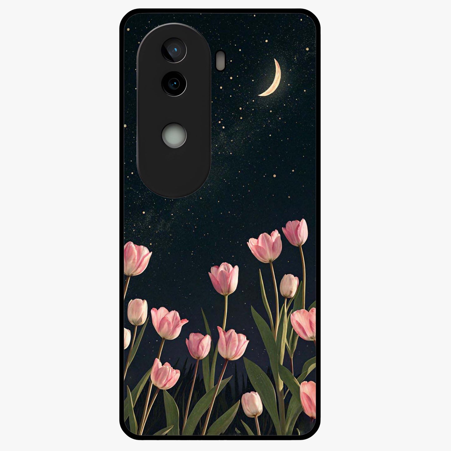 Midnight Tulip Whispers Vibe Glass Case showing flat back view with elegant tulip flower artwork and glossy glass finish.