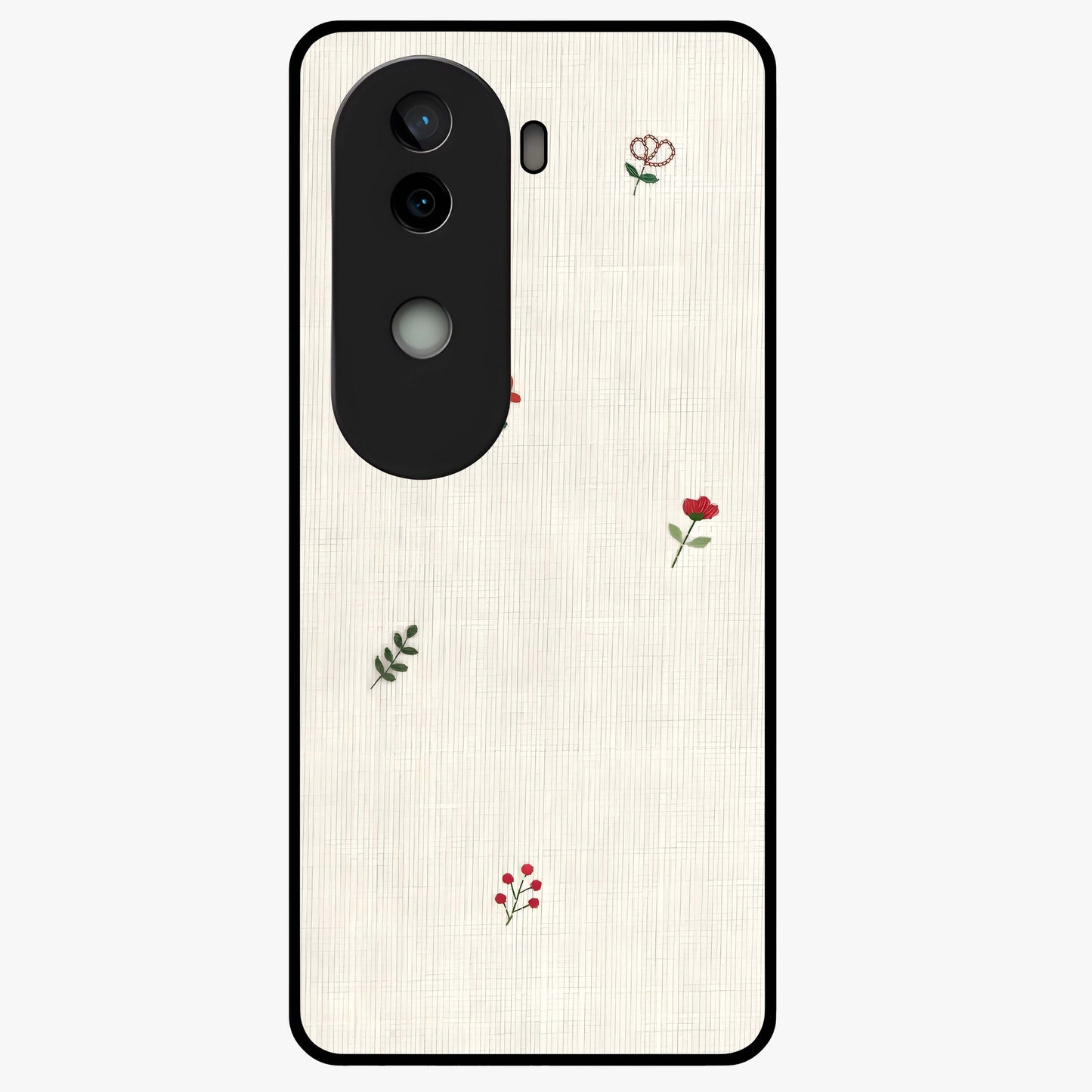 Minimal Petal Whispers Glass Case showing flat back view with soft minimal floral artwork and glossy glass finish.
