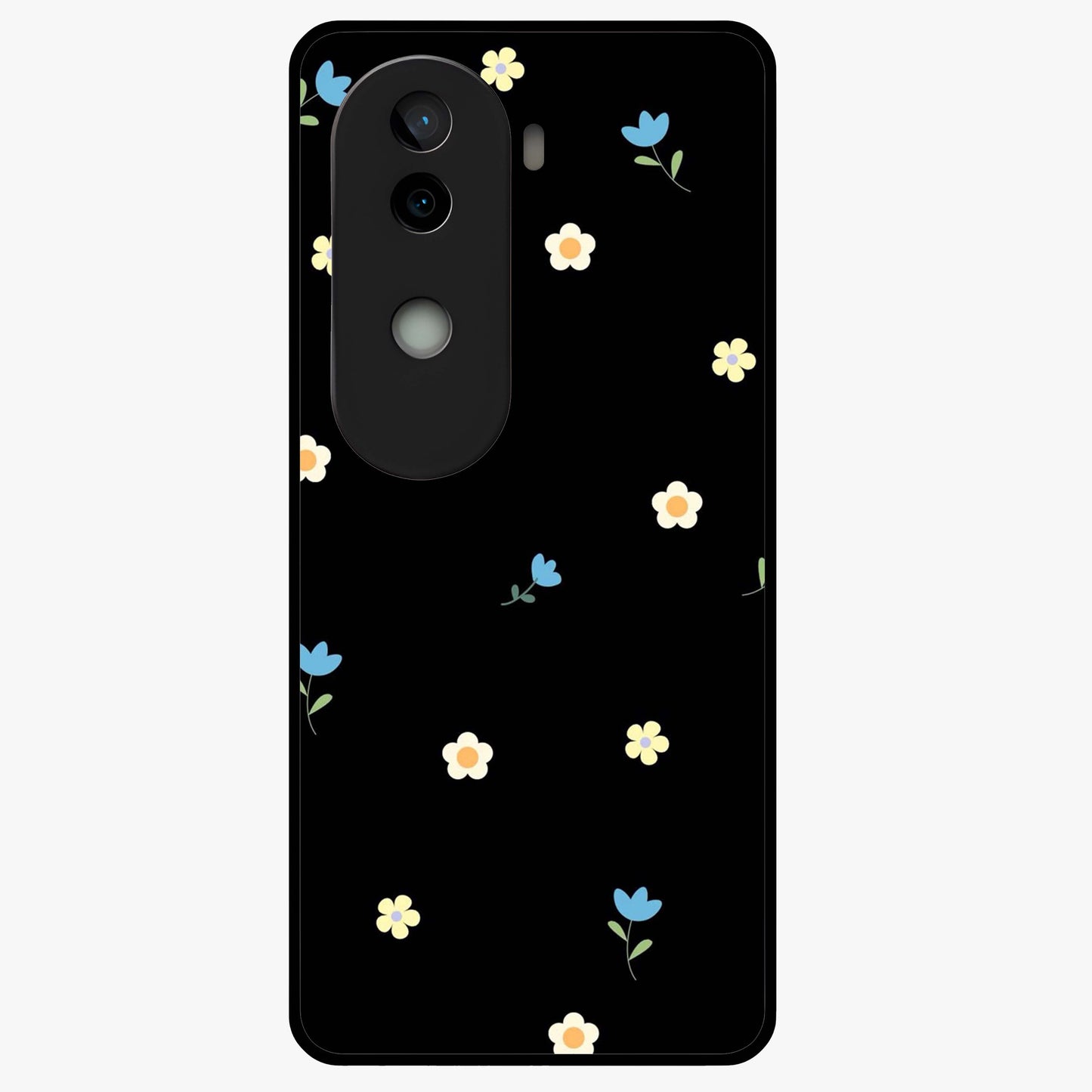 Minimalistic Blue With White Flower Pattern Glass Case showing flat back view with blue background and white flower pattern and glossy glass finish.