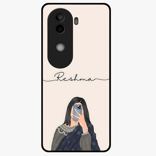 Mirror Mood Muse With Custom Name Glass Case showing flat back view with stylish mirrored artwork and personalized name design.