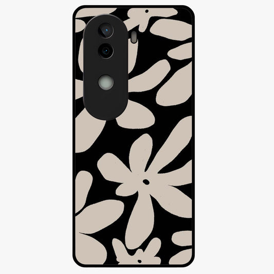 Monochrome Petal Dance Glass Case showing flat back view with monochrome floral artwork and glossy glass finish.