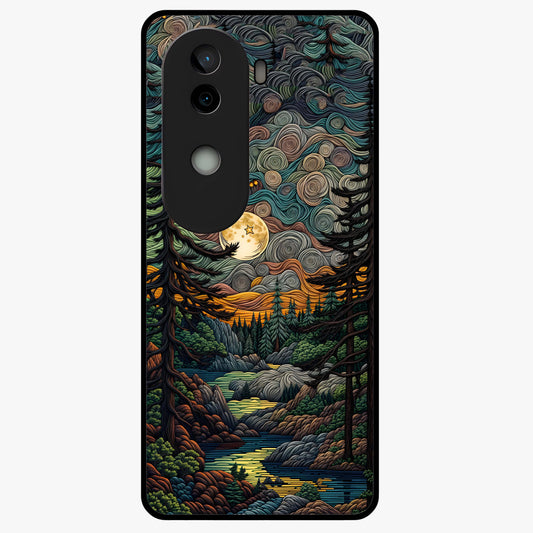 Moonlight Forest Dream Glass Case showing flat back view with mystical forest moonlight artwork and glossy glass finish.