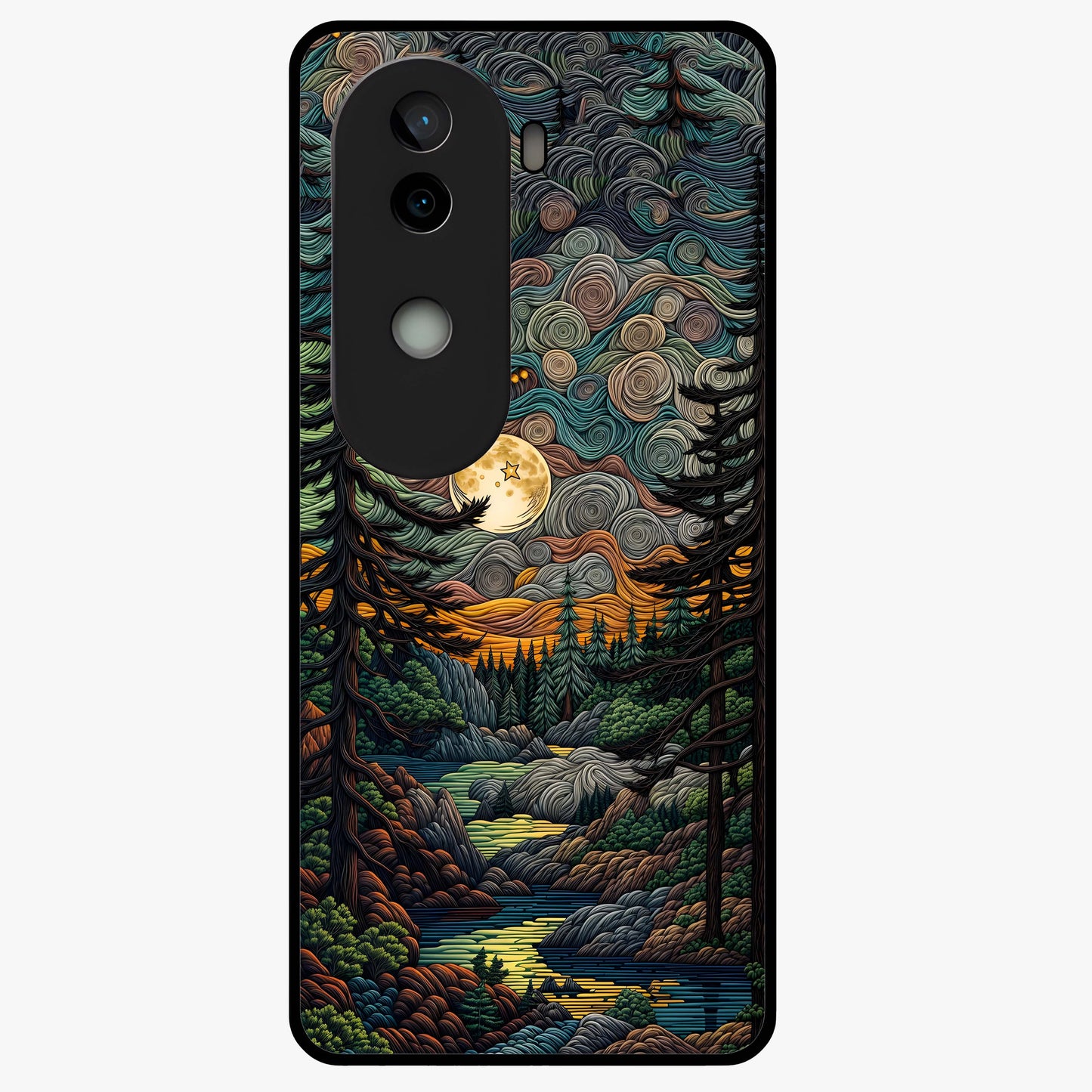 Moonlight Forest Dream Glass Case showing flat back view with mystical forest moonlight artwork and glossy glass finish.