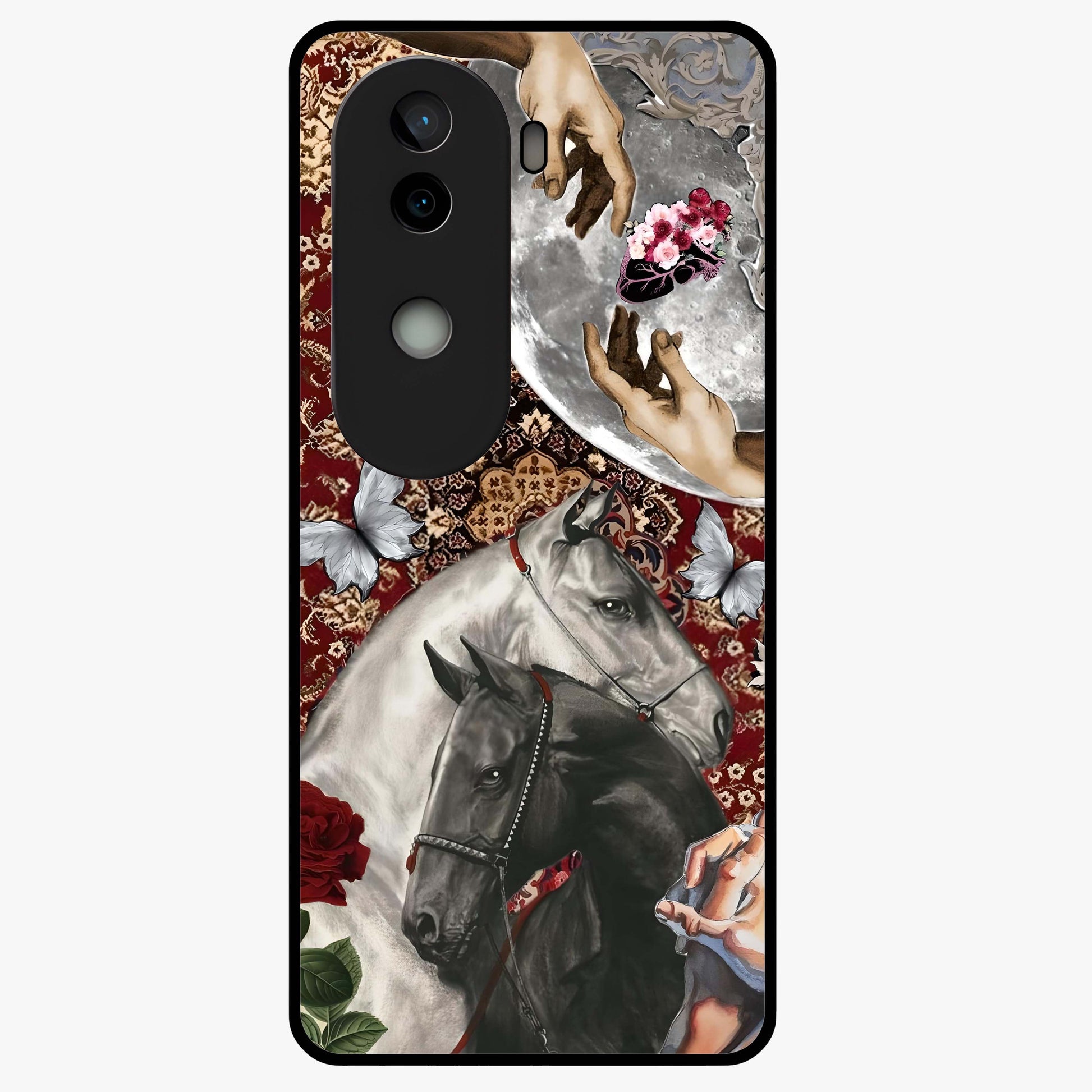 Moonlit Royal Stallion Glass Case showing flat back view with majestic horse under moonlight artwork and glossy glass finish.