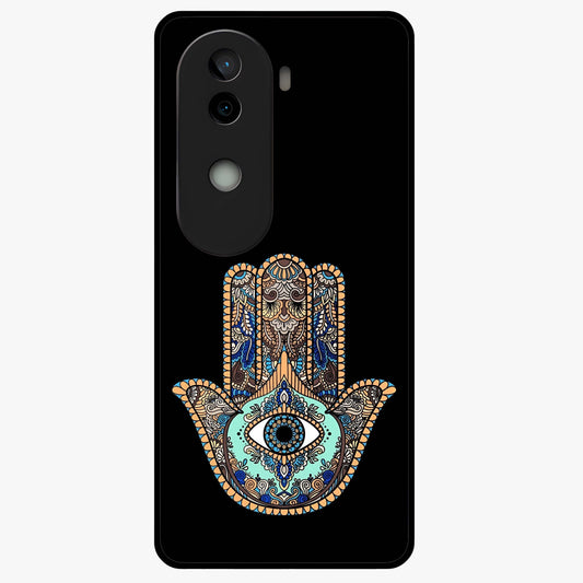 Mystic Hamsa Eye Glass Case showing flat back view with protective hamsa hand and evil eye artwork and glossy glass finish.