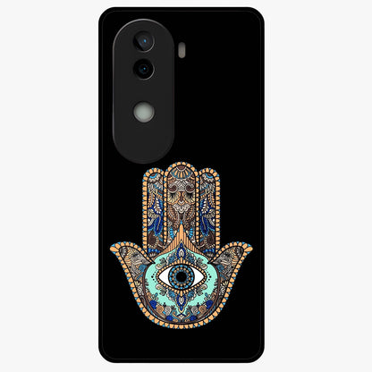 Mystic Hamsa Eye Glass Case showing flat back view with protective hamsa hand and evil eye artwork and glossy glass finish.