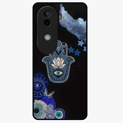 Mystic Hand Aura Glass Case showing flat back view with mystical hand symbol artwork and glossy glass finish.