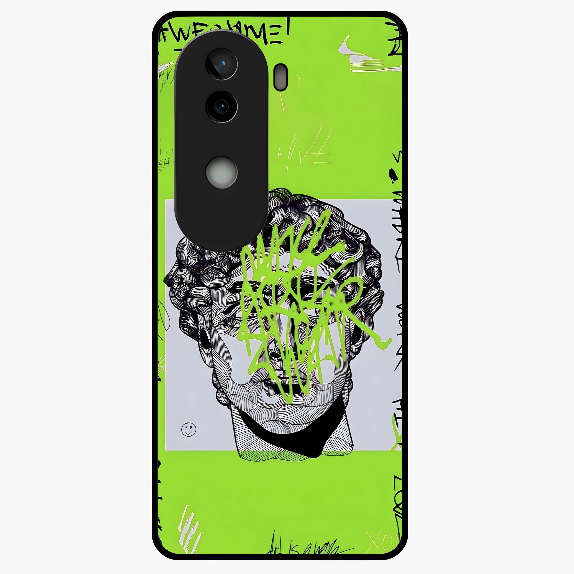 Neo Graffiti Rebellion Glass Case showing flat back view with vibrant graffiti artwork and glossy glass finish.