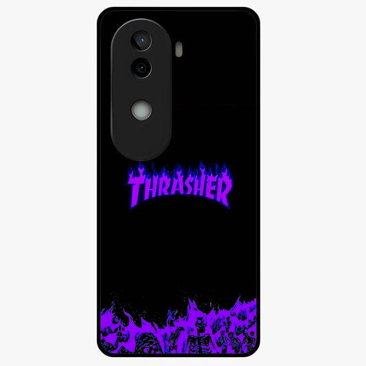 Neon Flame Riot Glass Case showing flat back view with neon flame artwork and glossy glass finish.