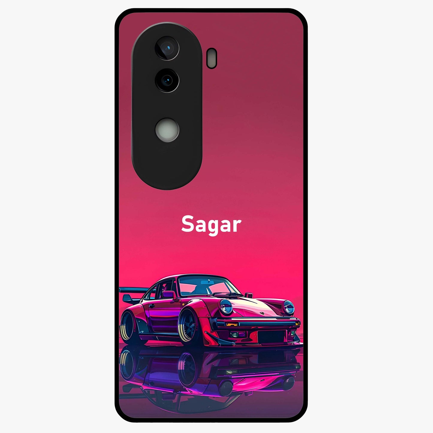 Neon Pink Porsche Glass Case showing flat back view with stylish sports car artwork and glossy glass finish.