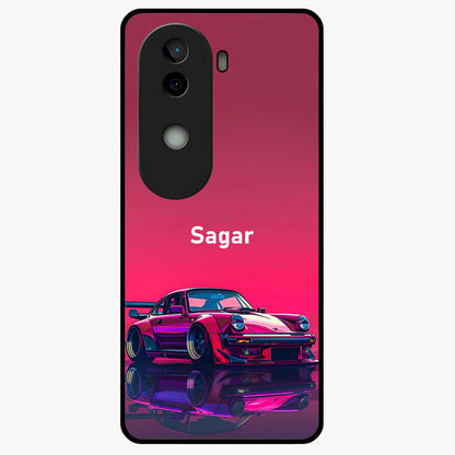 Neon Pink Porsche Glass Case showing flat back view with stylish sports car artwork and glossy glass finish.