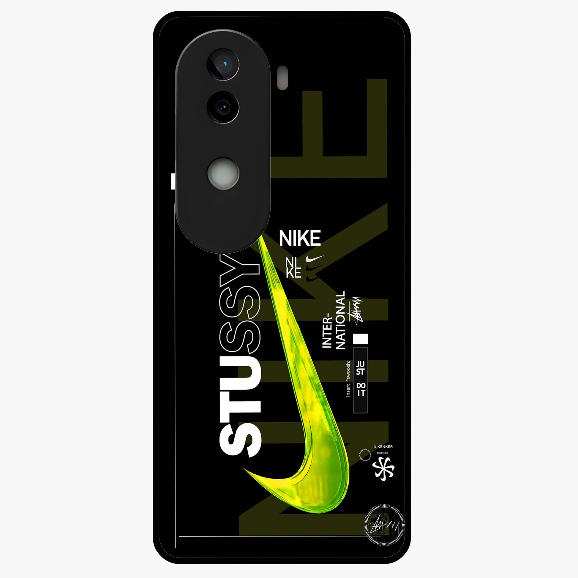 Neon Street Edition Glass Case showing flat back view with neon street style artwork and glossy glass finish.