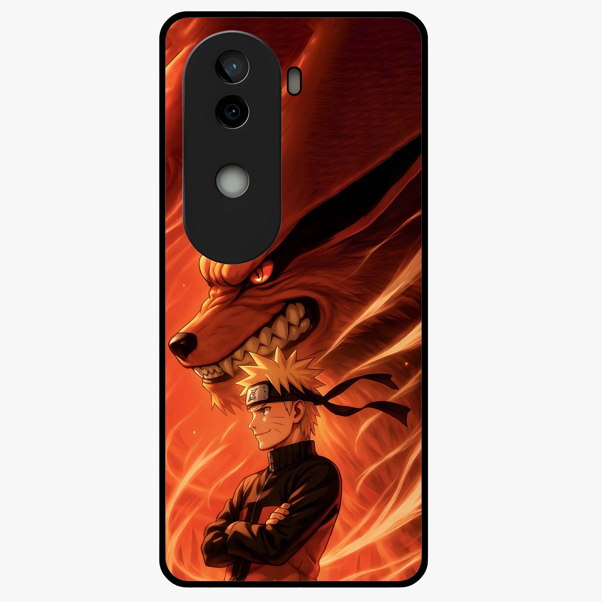 Nine Tails Legacy Glass Case showing flat back view with powerful nine-tailed fox inspired artwork and glossy glass finish.