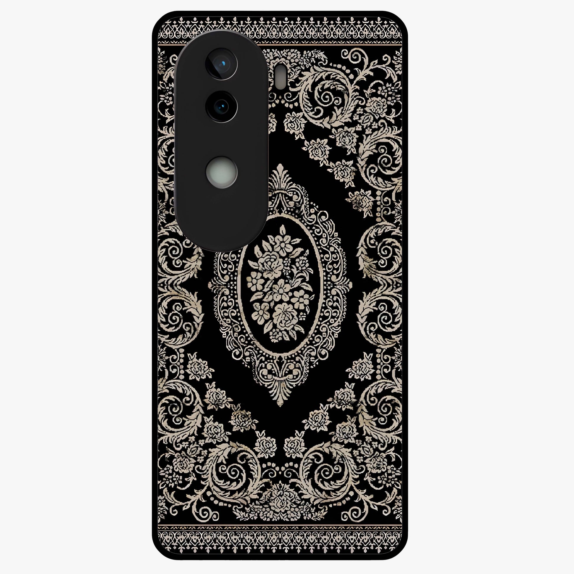 Noir Bloom Elegance Glass Case showing flat back view with elegant dark floral artwork and glossy glass finish.