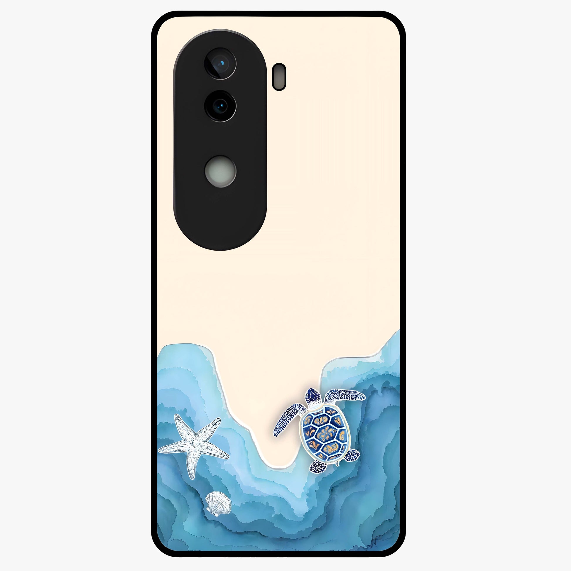 Ocean Drift Turtle Glass Case showing flat back view with sea turtle artwork and glossy glass finish.