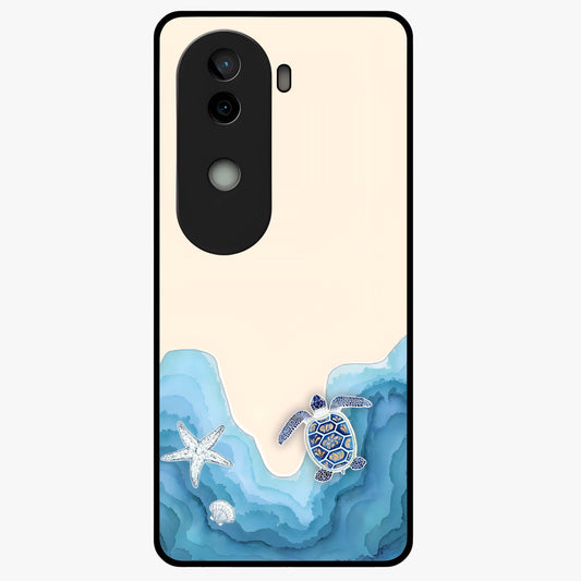 Ocean Drift Turtle Glass Case showing flat back view with sea turtle artwork and glossy glass finish.