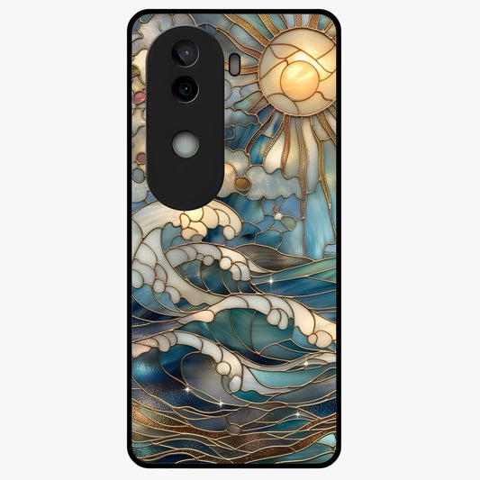 Oceanic Stained Printed Glass Case showing flat back view with ocean inspired stained pattern artwork and glossy glass finish.